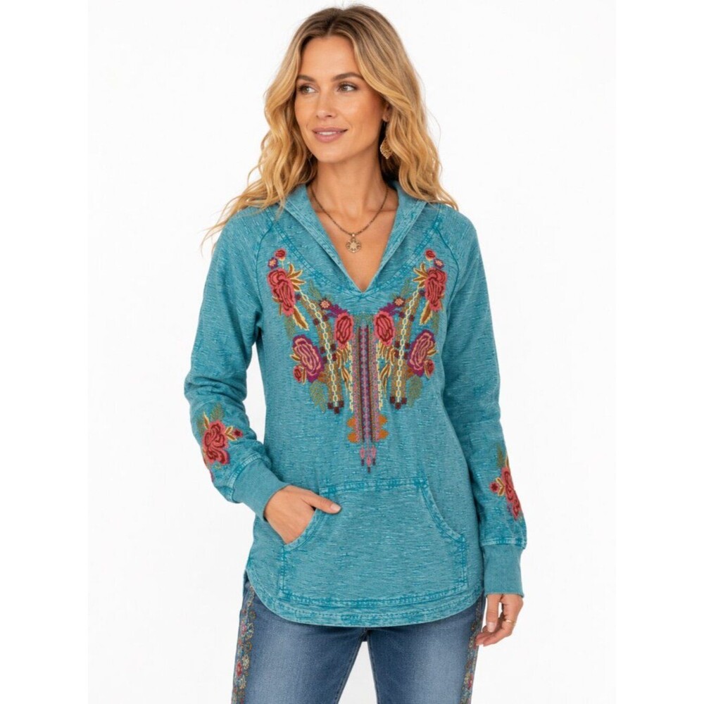 Avani del Amour Womens Size Large Turquoise Embroidered Pullover Hoodie NWT